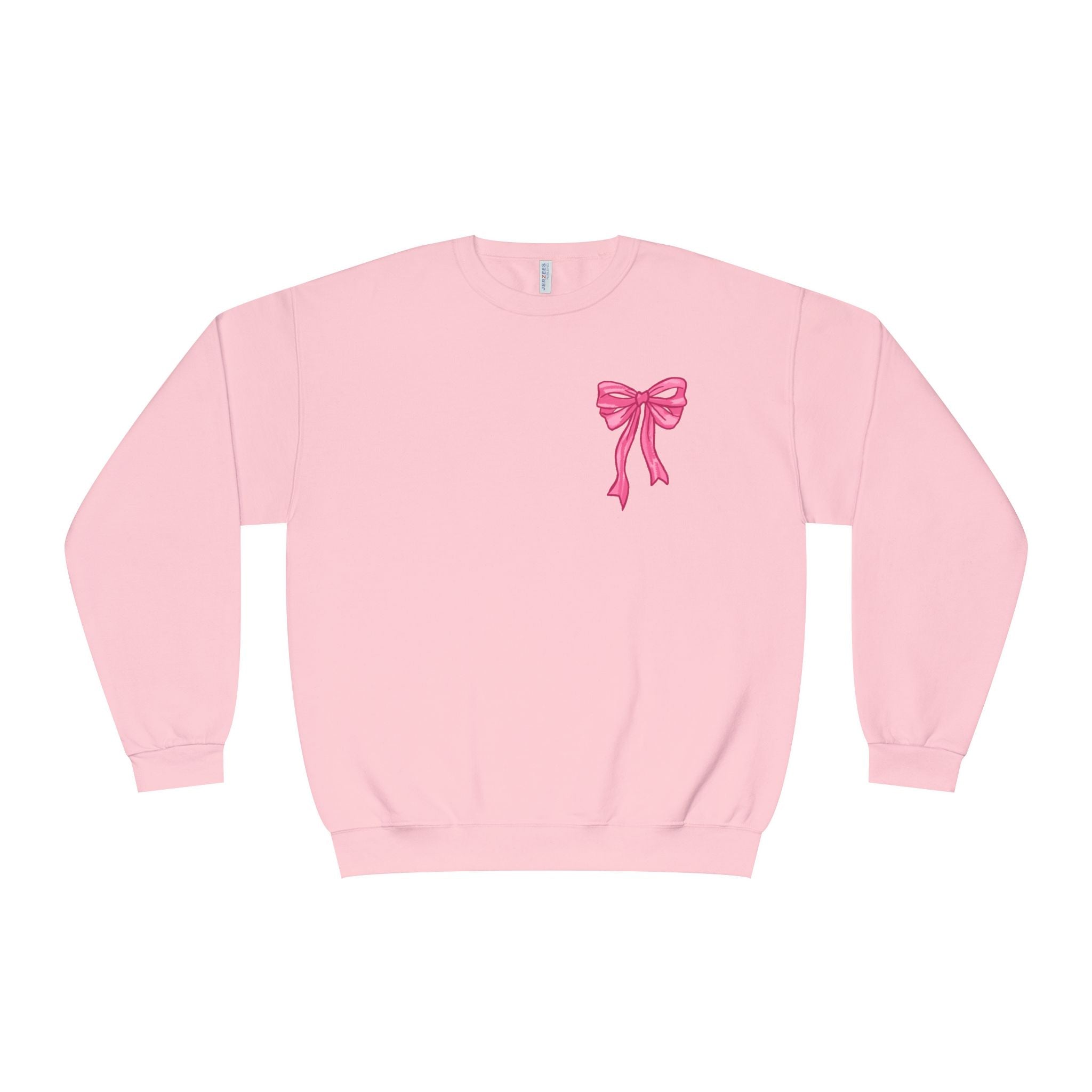 Front and back-Crewneck Sweatshirt — Pink Bow Graphic “God Says I Am” Comfort Pullover