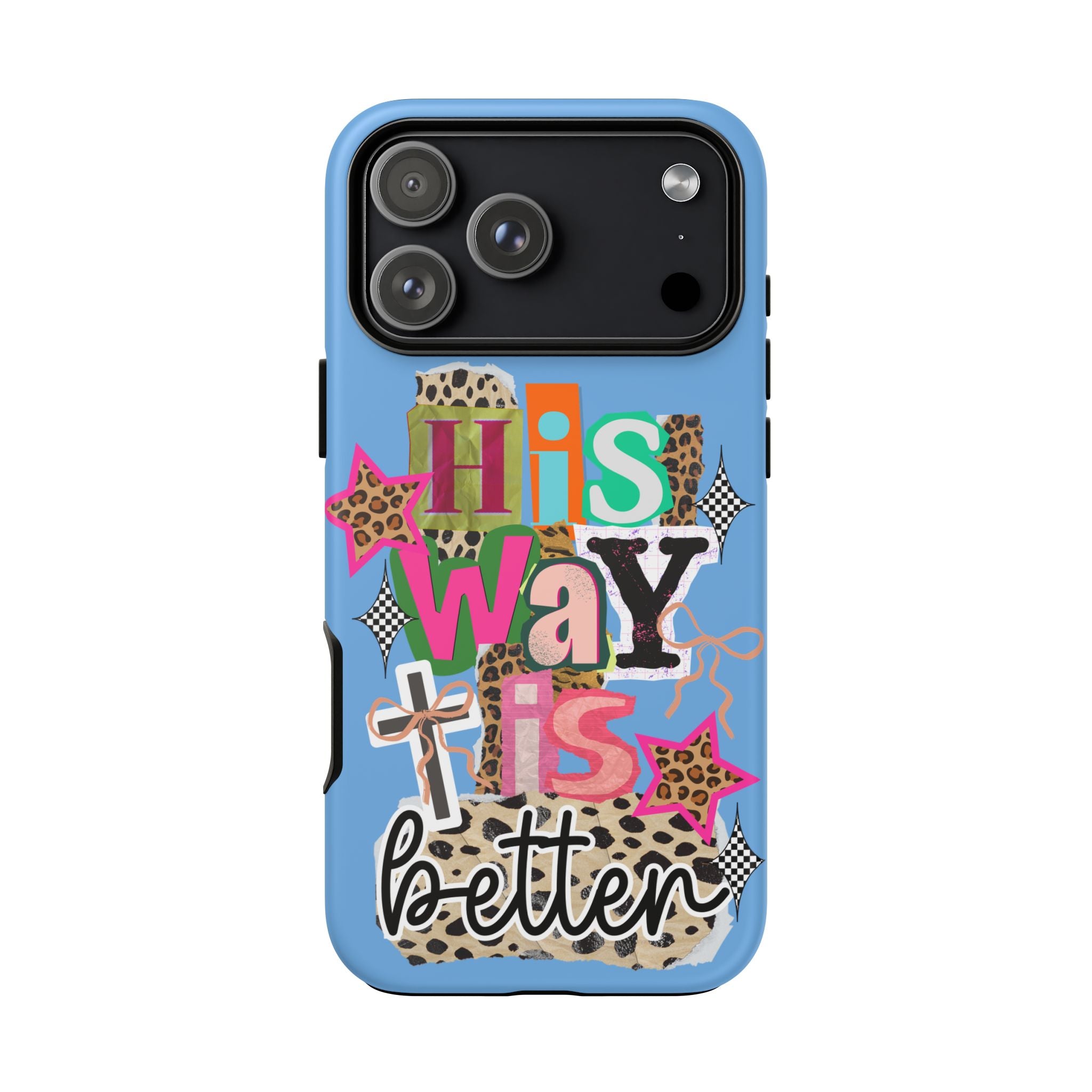 Phone Case — "His Way Is Better" Colorful Christian Cross Design (Leopard & Stars)