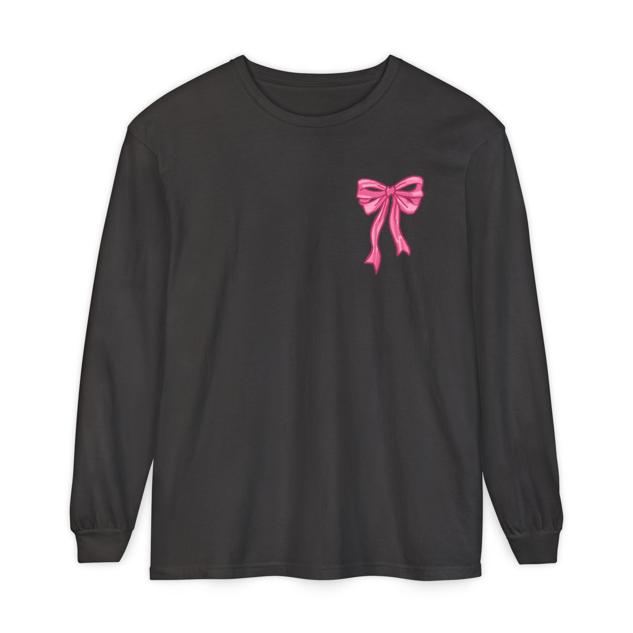 2 sided-Long Sleeve T-Shirt — “God Says I Am” Pink Bows Faith Design