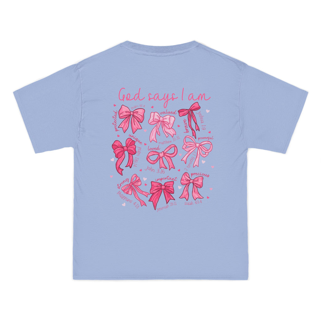 2 sided- Bow Pattern T-Shirt — 'God Says I Am' Pink Ribbon Graphic