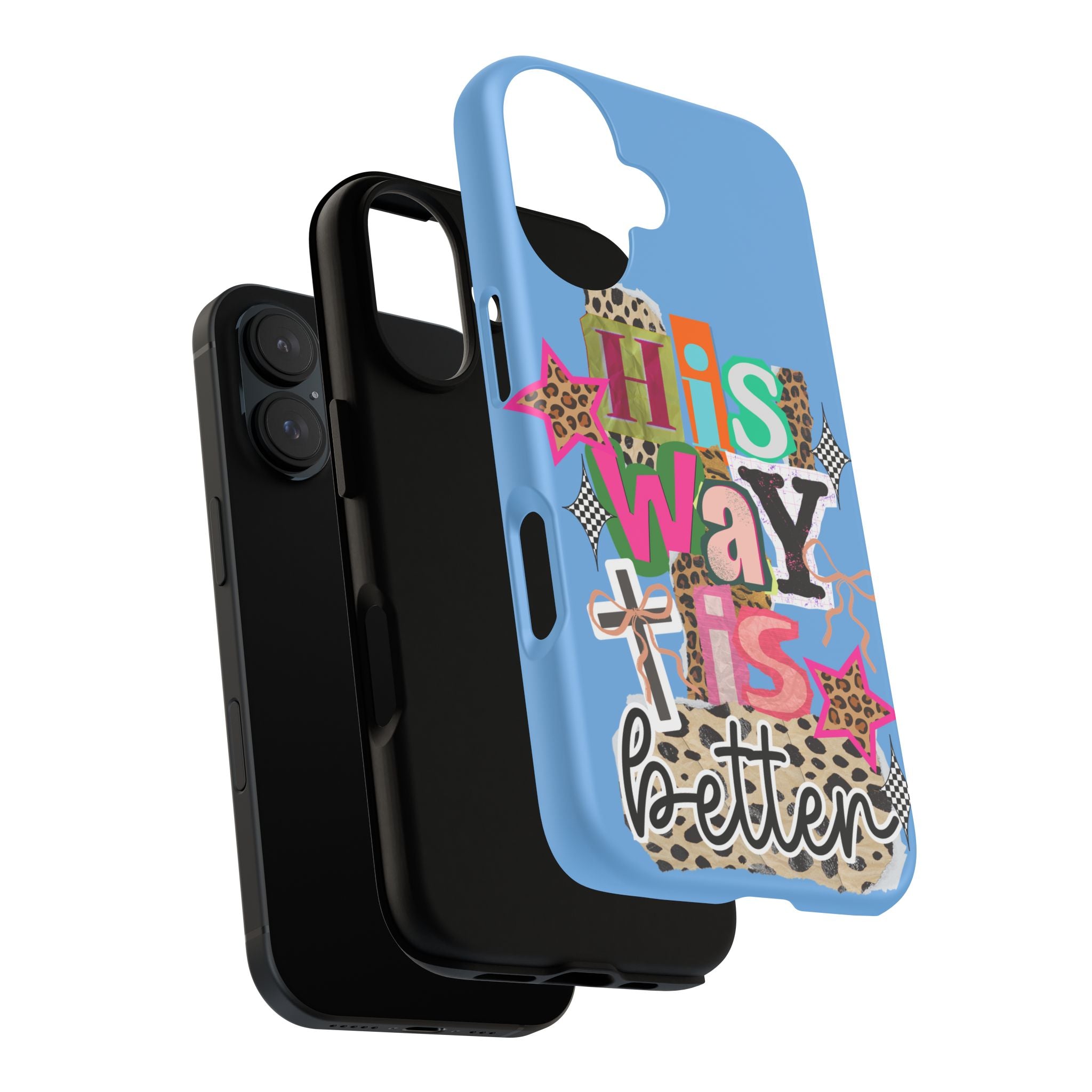 Phone Case — "His Way Is Better" Colorful Christian Cross Design (Leopard & Stars)