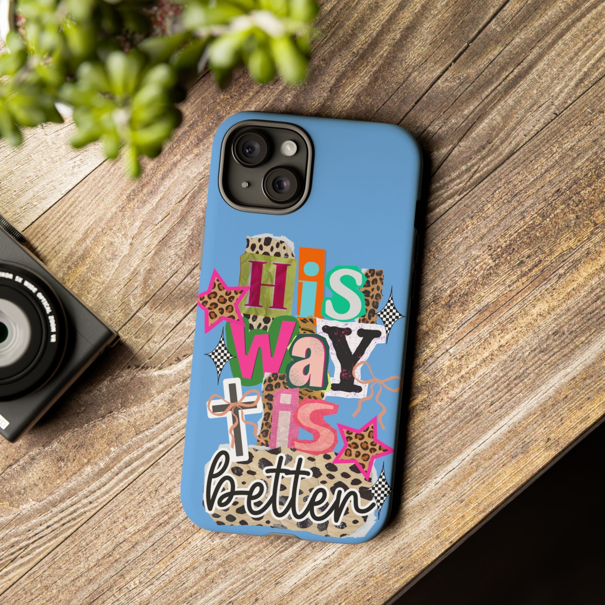 Phone Case — "His Way Is Better" Colorful Christian Cross Design (Leopard & Stars)