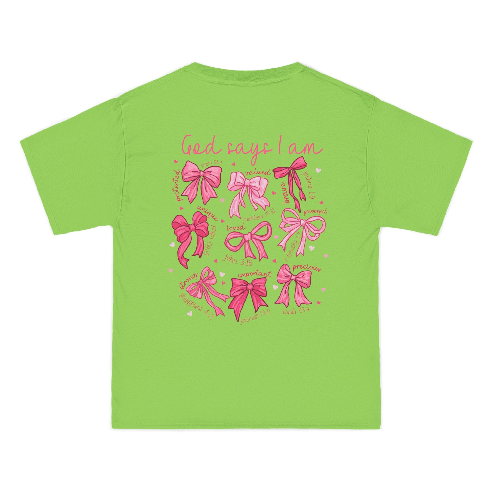 2 sided- Bow Pattern T-Shirt — 'God Says I Am' Pink Ribbon Graphic
