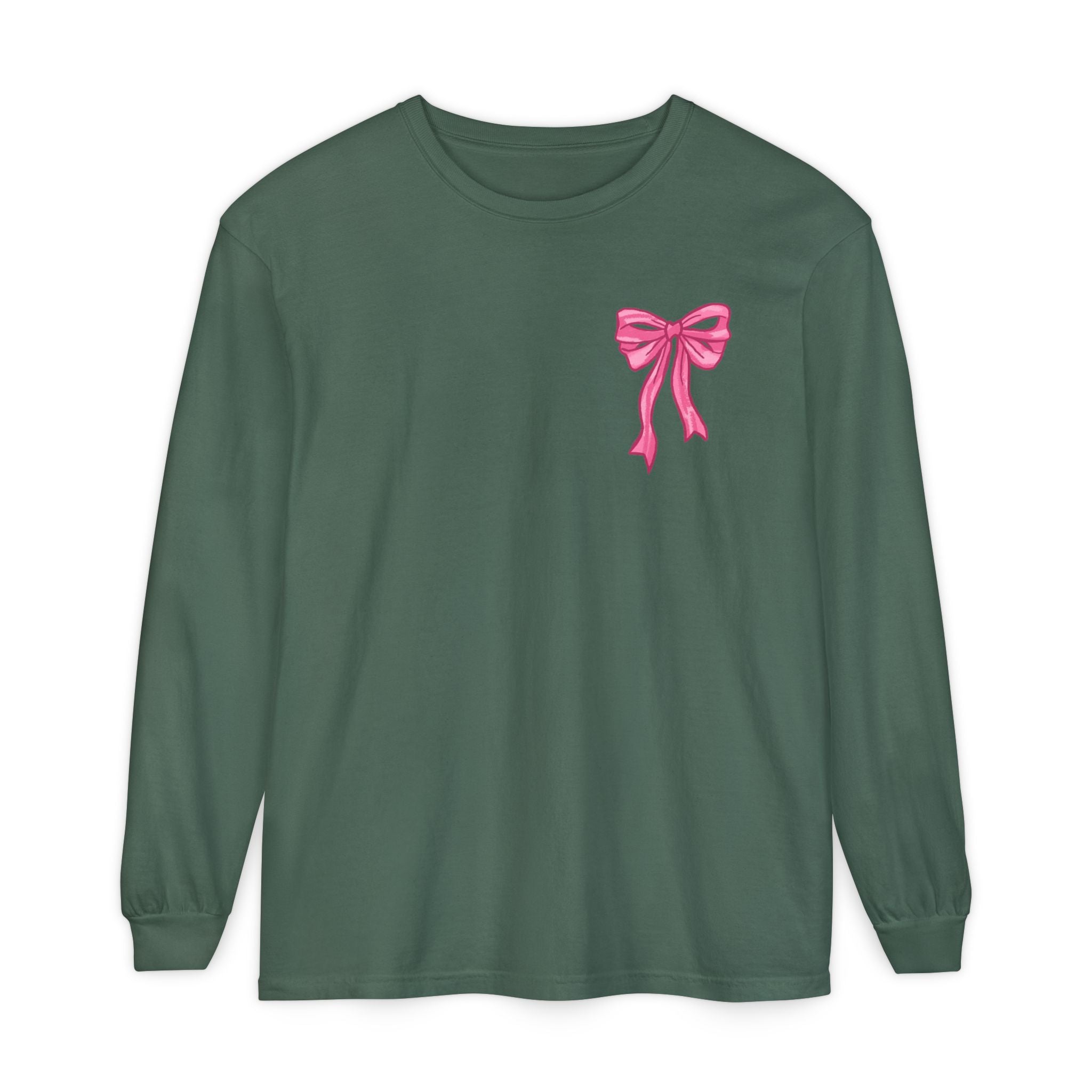 2 sided-Long Sleeve T-Shirt — “God Says I Am” Pink Bows Faith Design