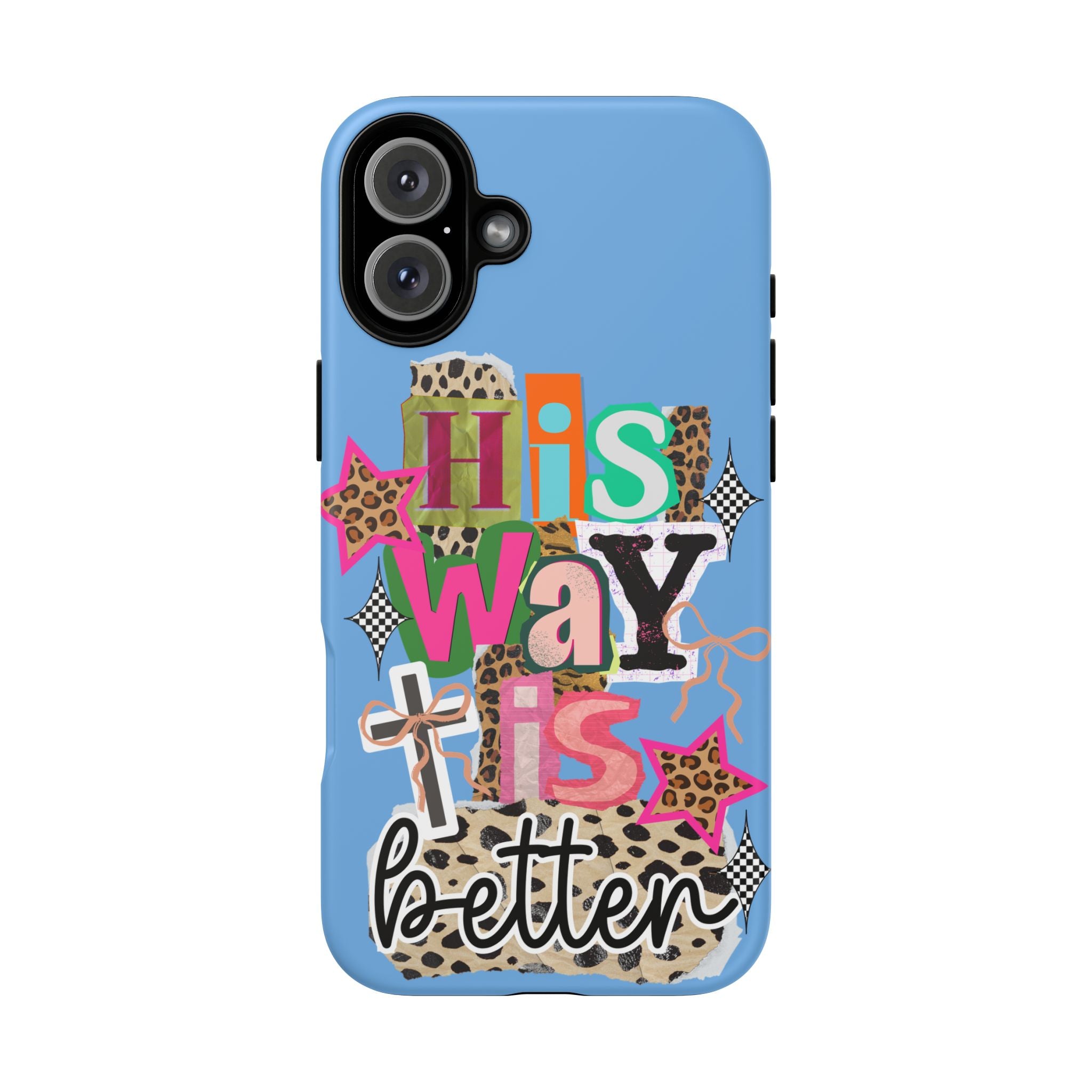 Phone Case — "His Way Is Better" Colorful Christian Cross Design (Leopard & Stars)