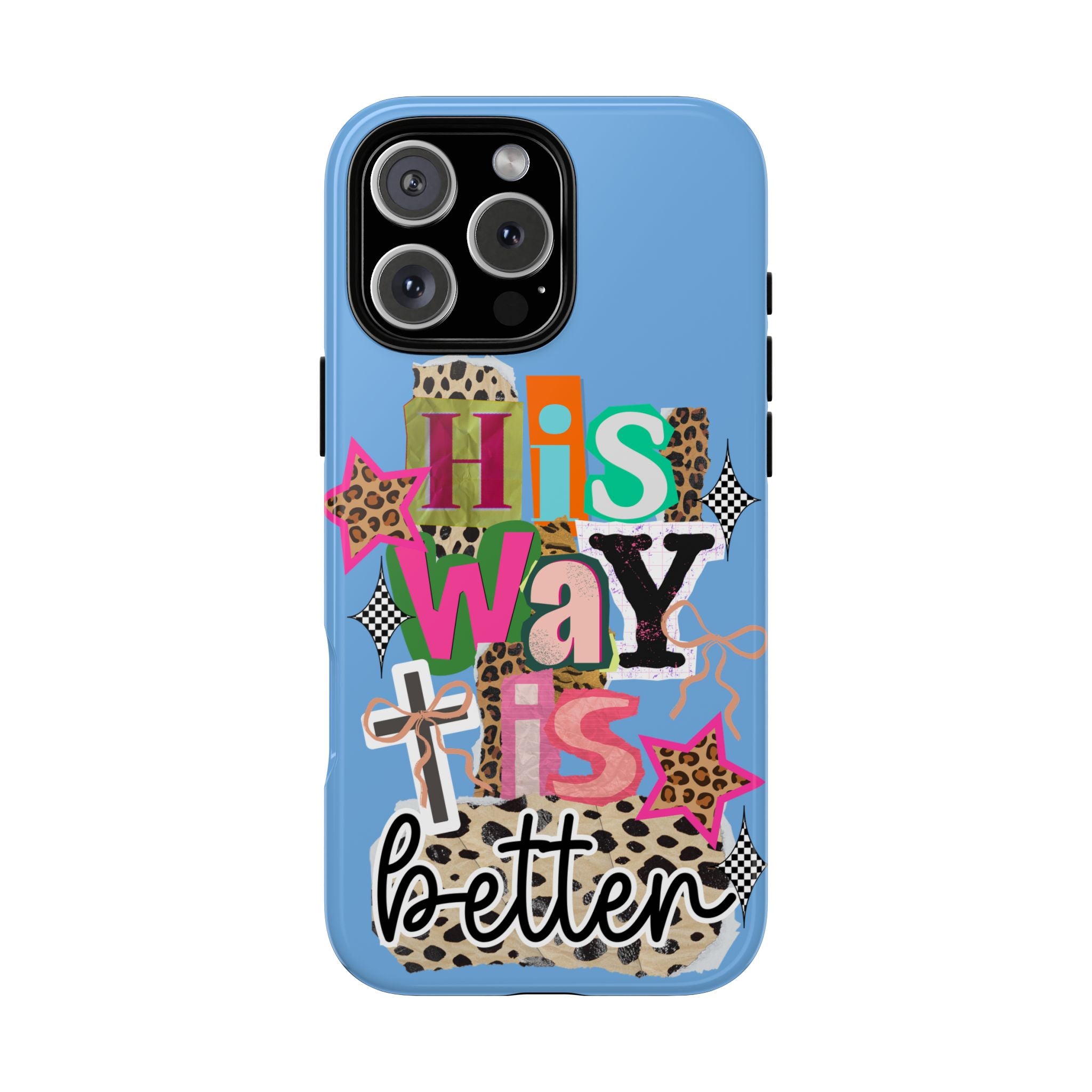 Phone Case — "His Way Is Better" Colorful Christian Cross Design (Leopard & Stars)