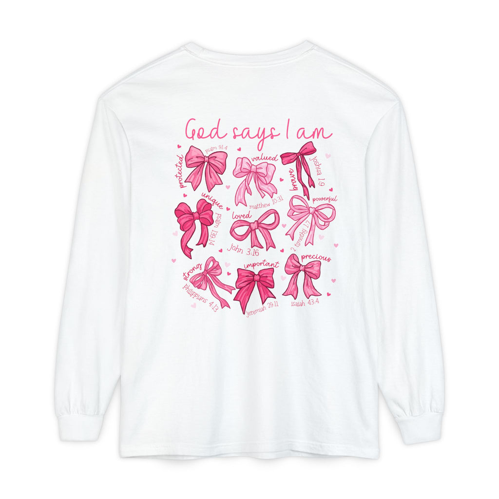 2 sided-Long Sleeve T-Shirt — “God Says I Am” Pink Bows Faith Design
