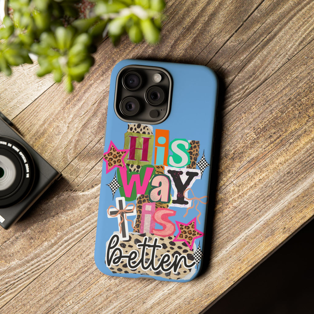 Phone Case — "His Way Is Better" Colorful Christian Cross Design (Leopard & Stars)