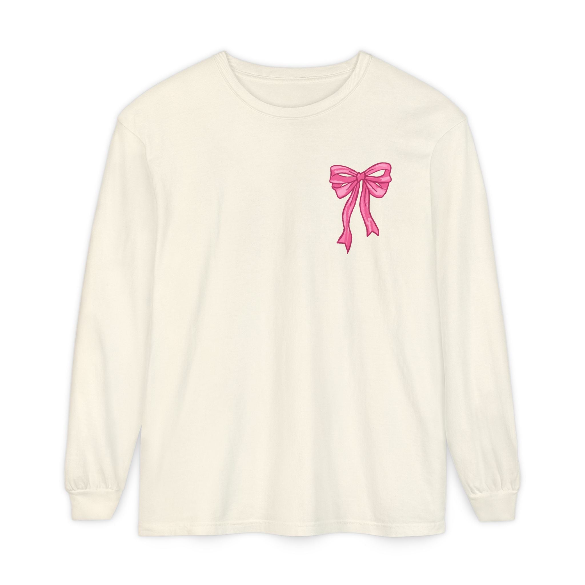 2 sided-Long Sleeve T-Shirt — “God Says I Am” Pink Bows Faith Design