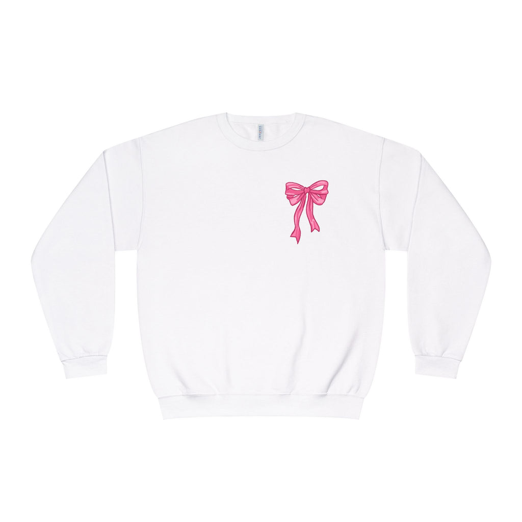 Front and back-Crewneck Sweatshirt — Pink Bow Graphic “God Says I Am” Comfort Pullover