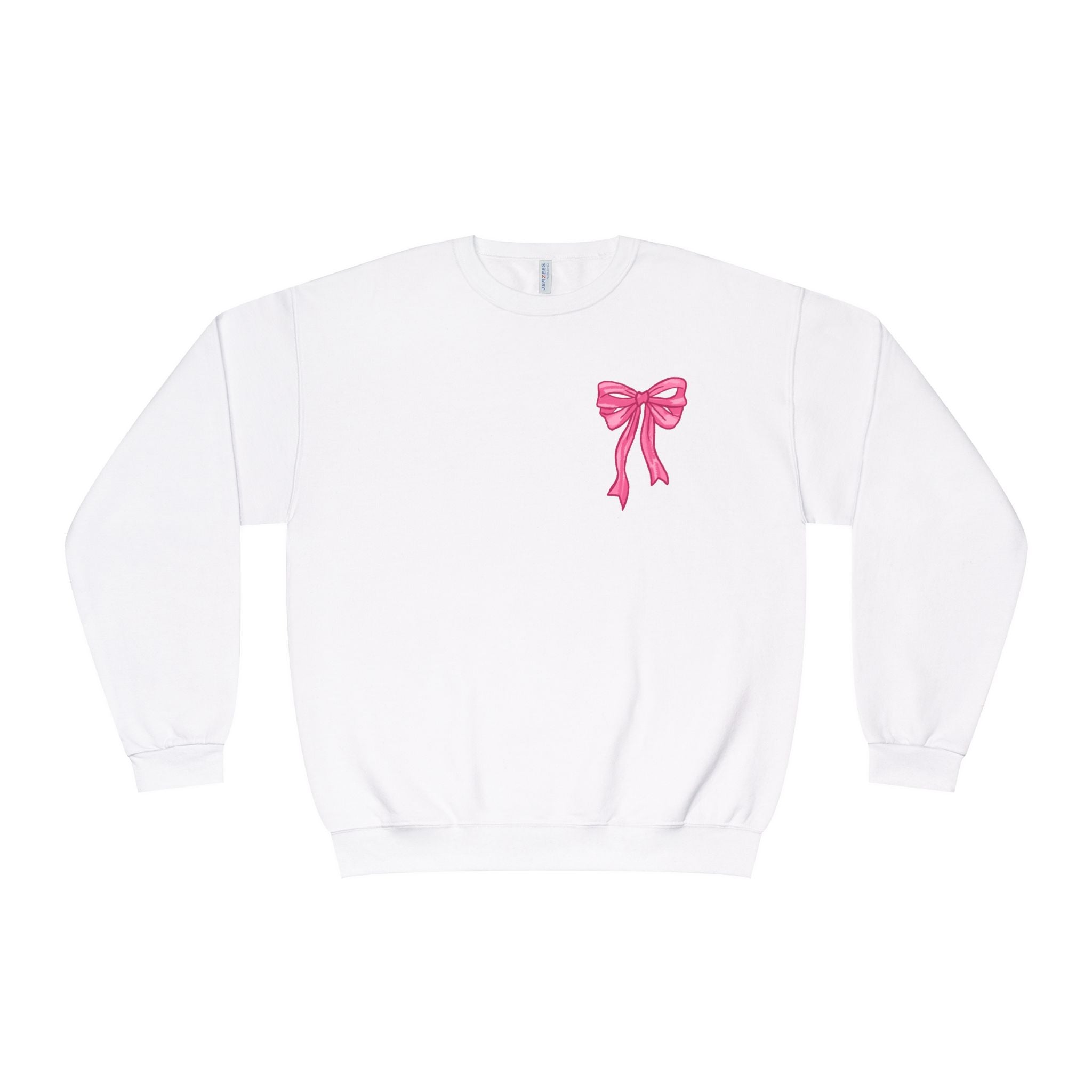 Front and back-Crewneck Sweatshirt — Pink Bow Graphic “God Says I Am” Comfort Pullover