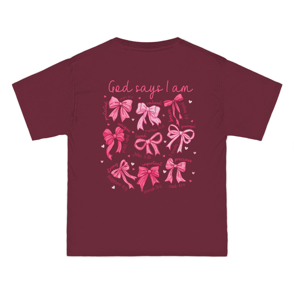 2 sided- Bow Pattern T-Shirt — 'God Says I Am' Pink Ribbon Graphic