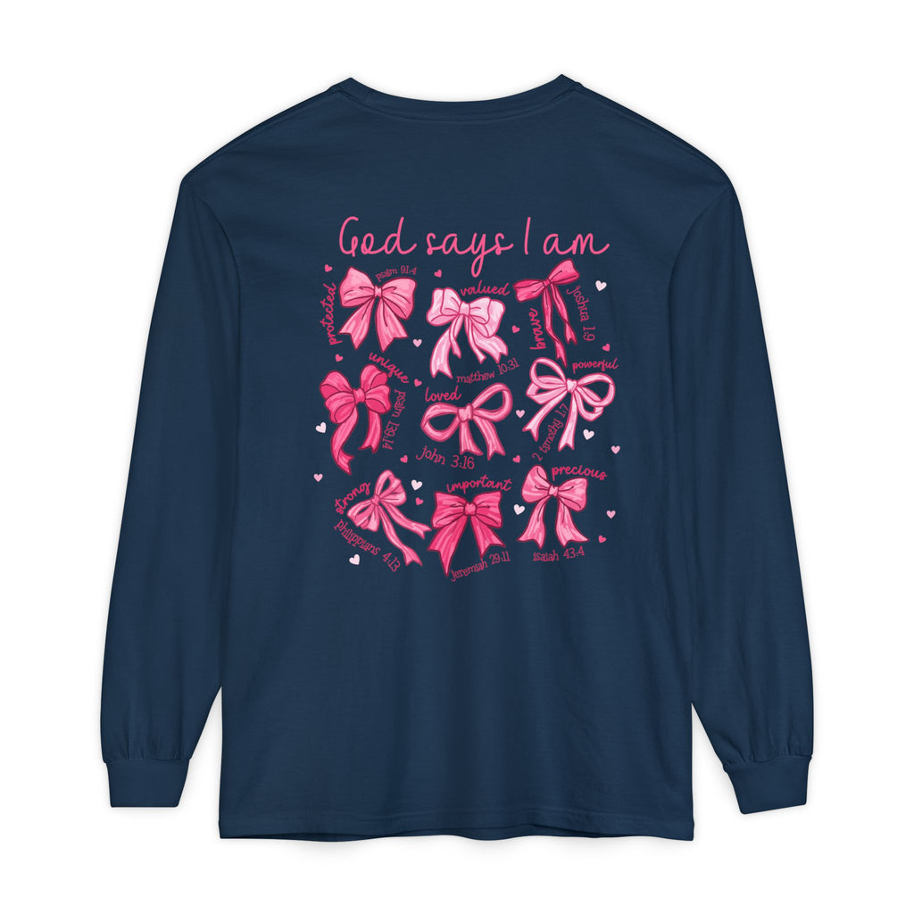 2 sided-Long Sleeve T-Shirt — “God Says I Am” Pink Bows Faith Design
