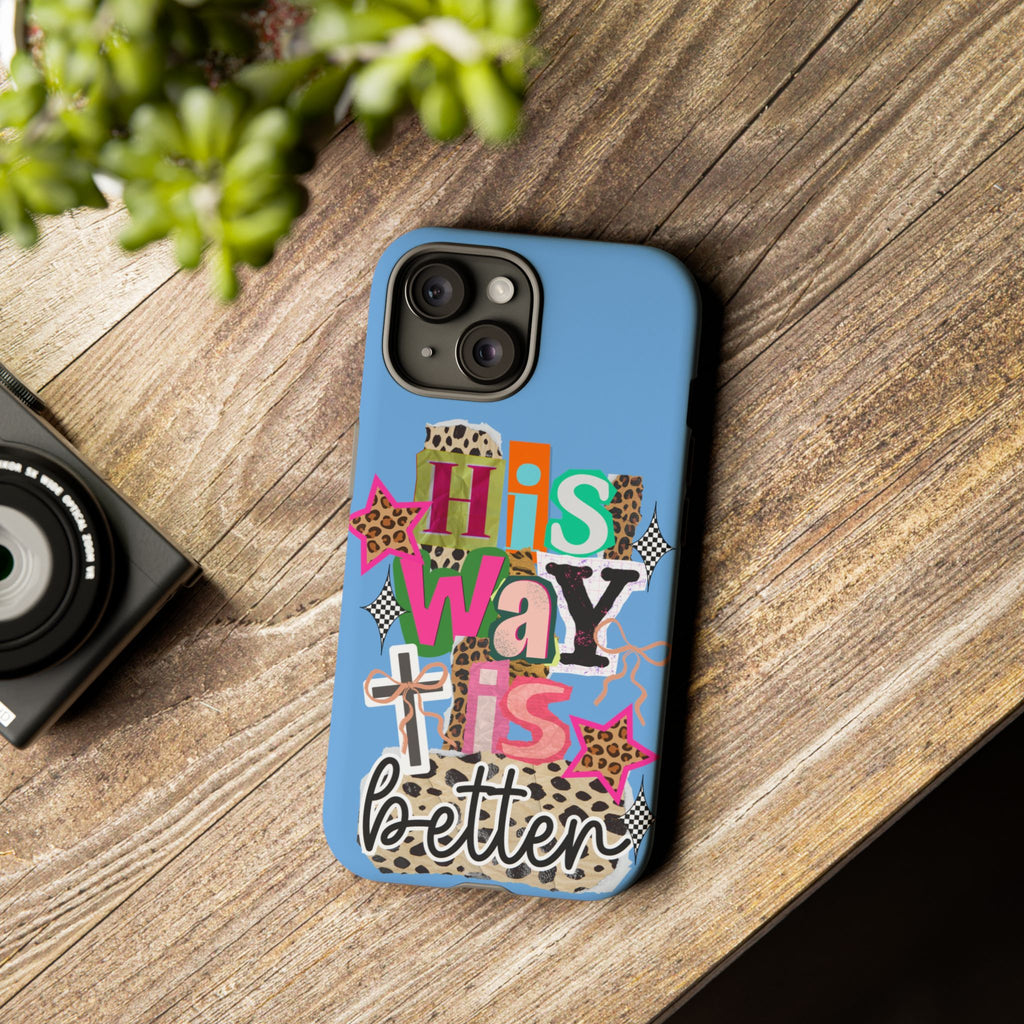 Phone Case — "His Way Is Better" Colorful Christian Cross Design (Leopard & Stars)