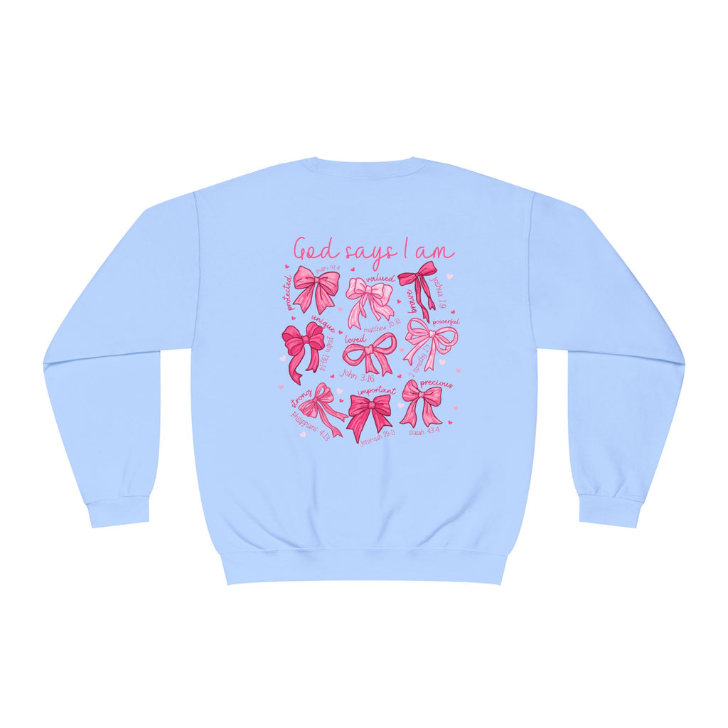 Front and back-Crewneck Sweatshirt — Pink Bow Graphic “God Says I Am” Comfort Pullover
