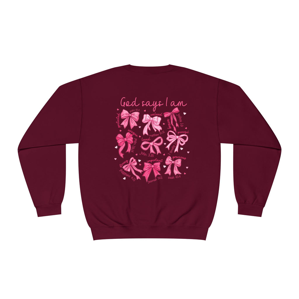 Front and back-Crewneck Sweatshirt — Pink Bow Graphic “God Says I Am” Comfort Pullover