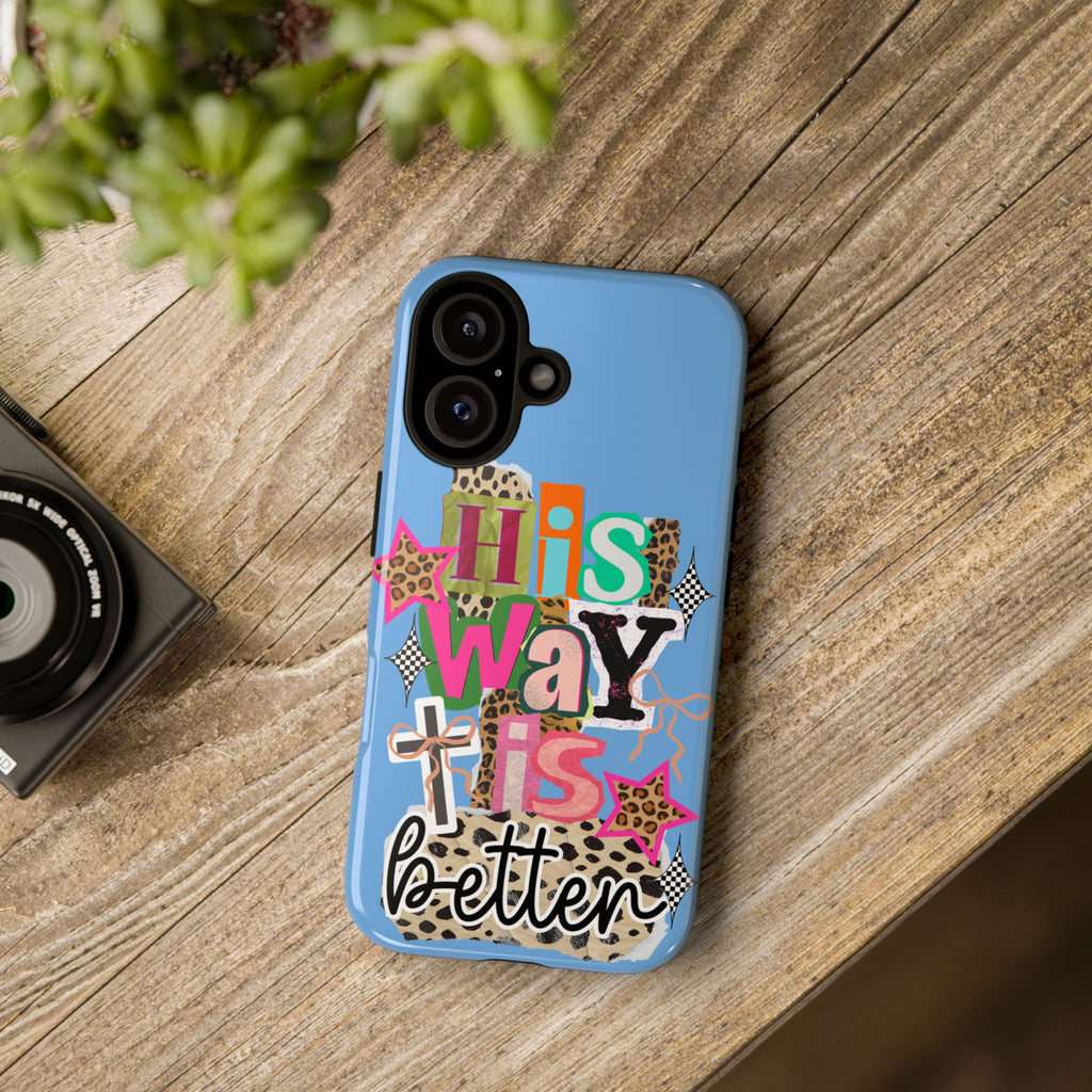 Phone Case — "His Way Is Better" Colorful Christian Cross Design (Leopard & Stars)