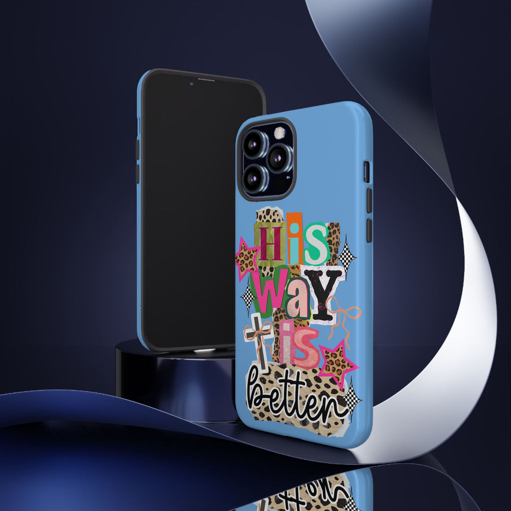 Phone Case — "His Way Is Better" Colorful Christian Cross Design (Leopard & Stars)