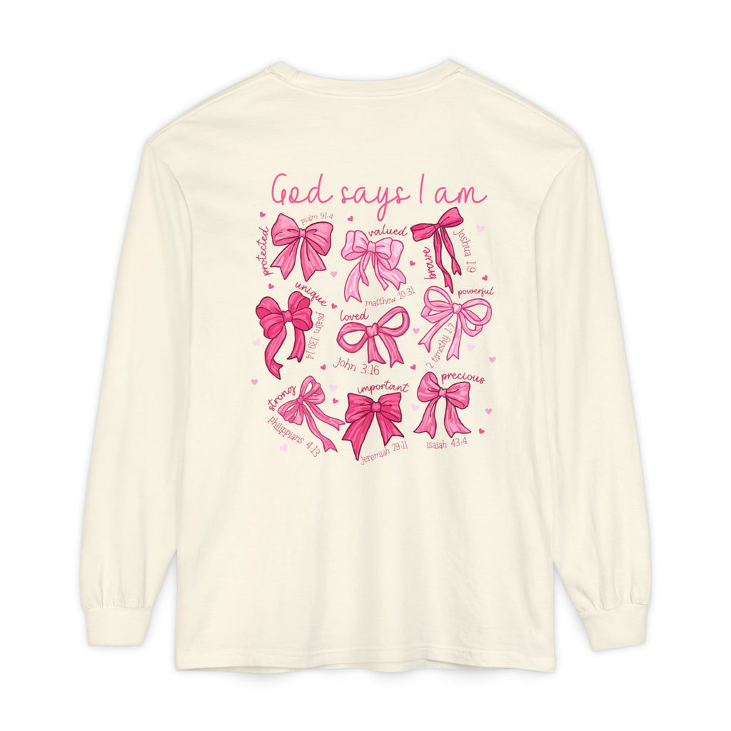 2 sided-Long Sleeve T-Shirt — “God Says I Am” Pink Bows Faith Design