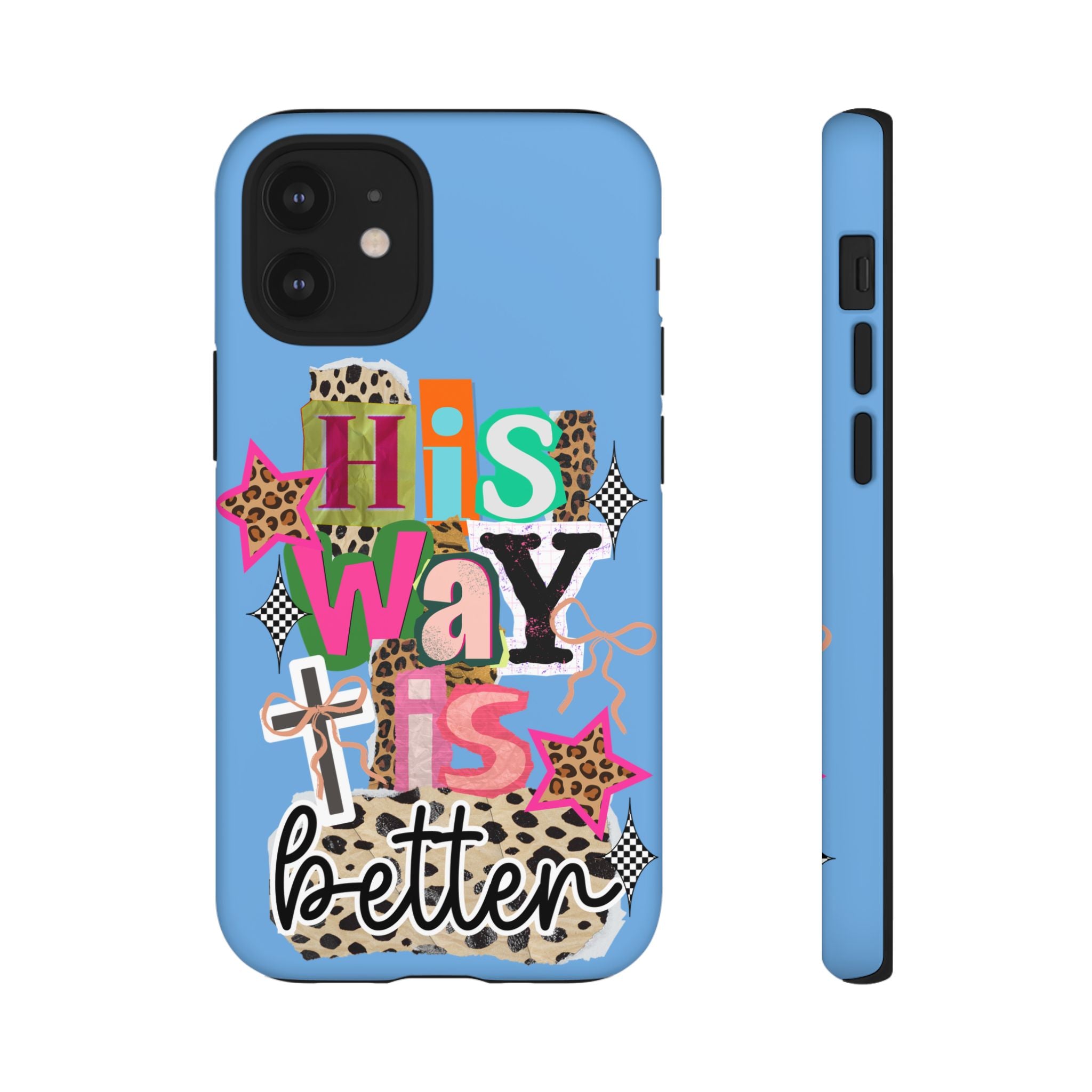 Phone Case — "His Way Is Better" Colorful Christian Cross Design (Leopard & Stars)