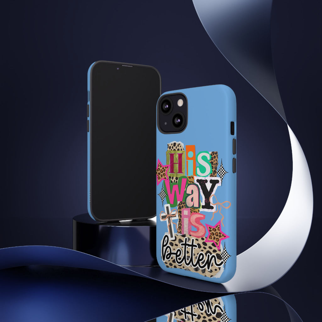 Phone Case — "His Way Is Better" Colorful Christian Cross Design (Leopard & Stars)