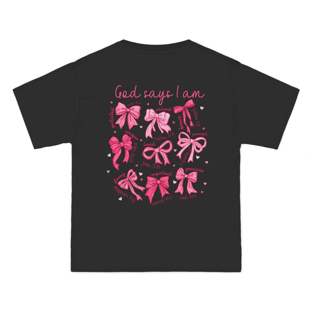 2 sided- Bow Pattern T-Shirt — 'God Says I Am' Pink Ribbon Graphic