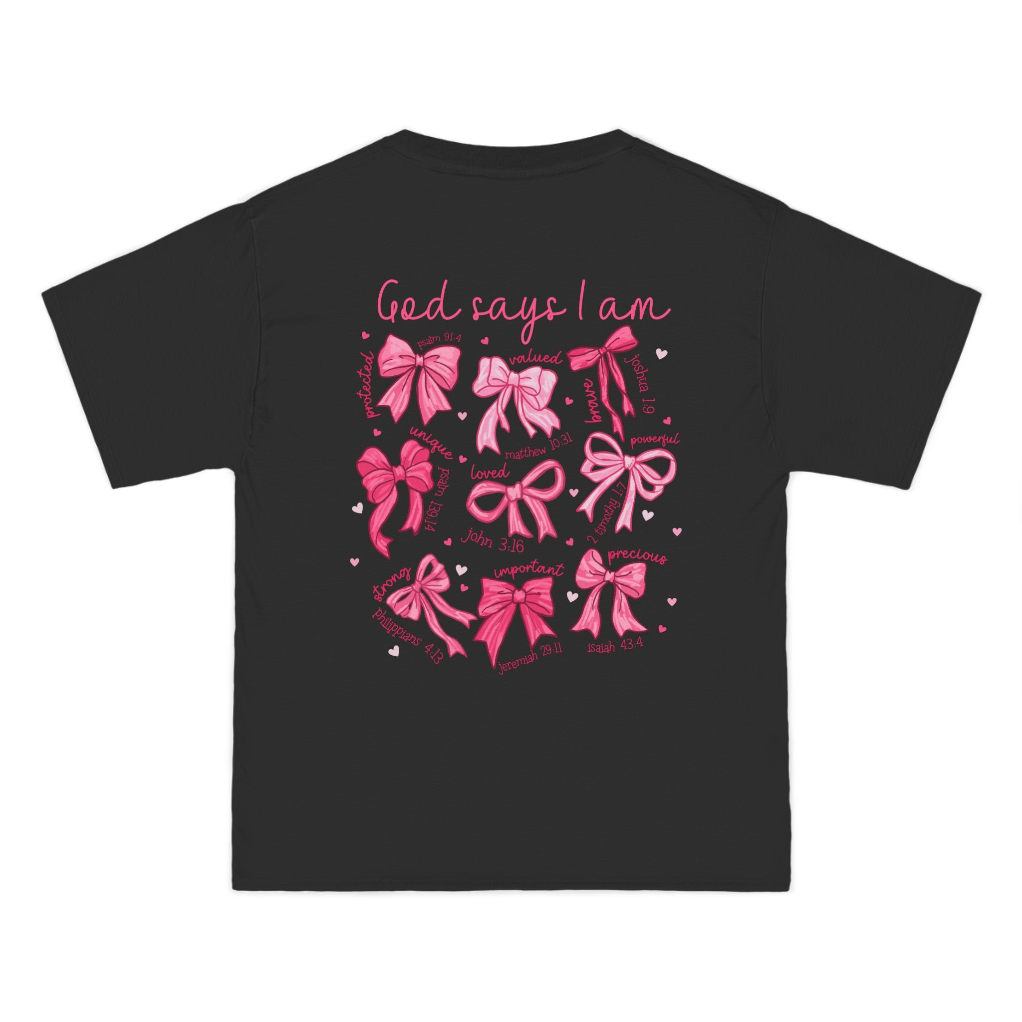 2 sided- Bow Pattern T-Shirt — 'God Says I Am' Pink Ribbon Graphic