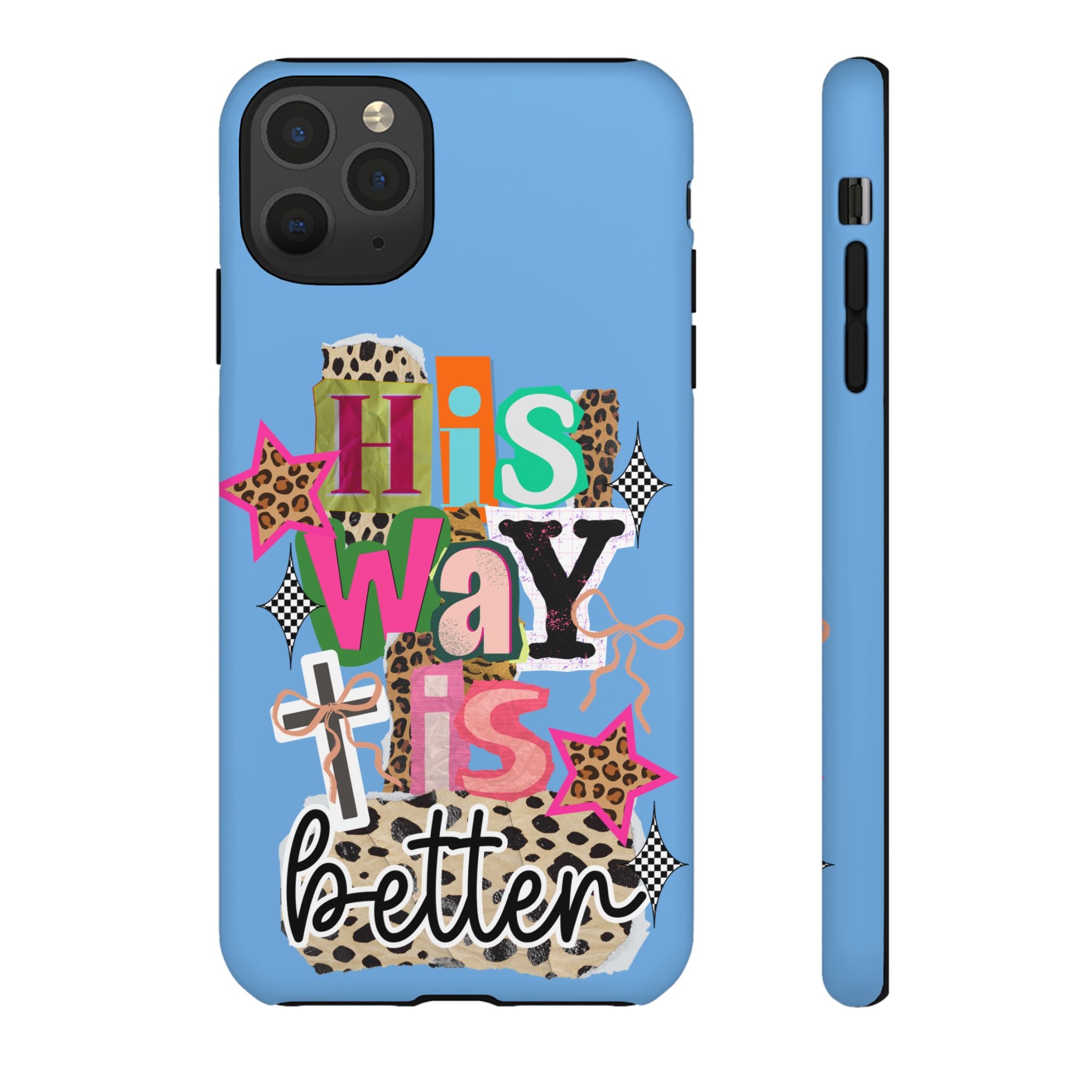 Phone Case — "His Way Is Better" Colorful Christian Cross Design (Leopard & Stars)