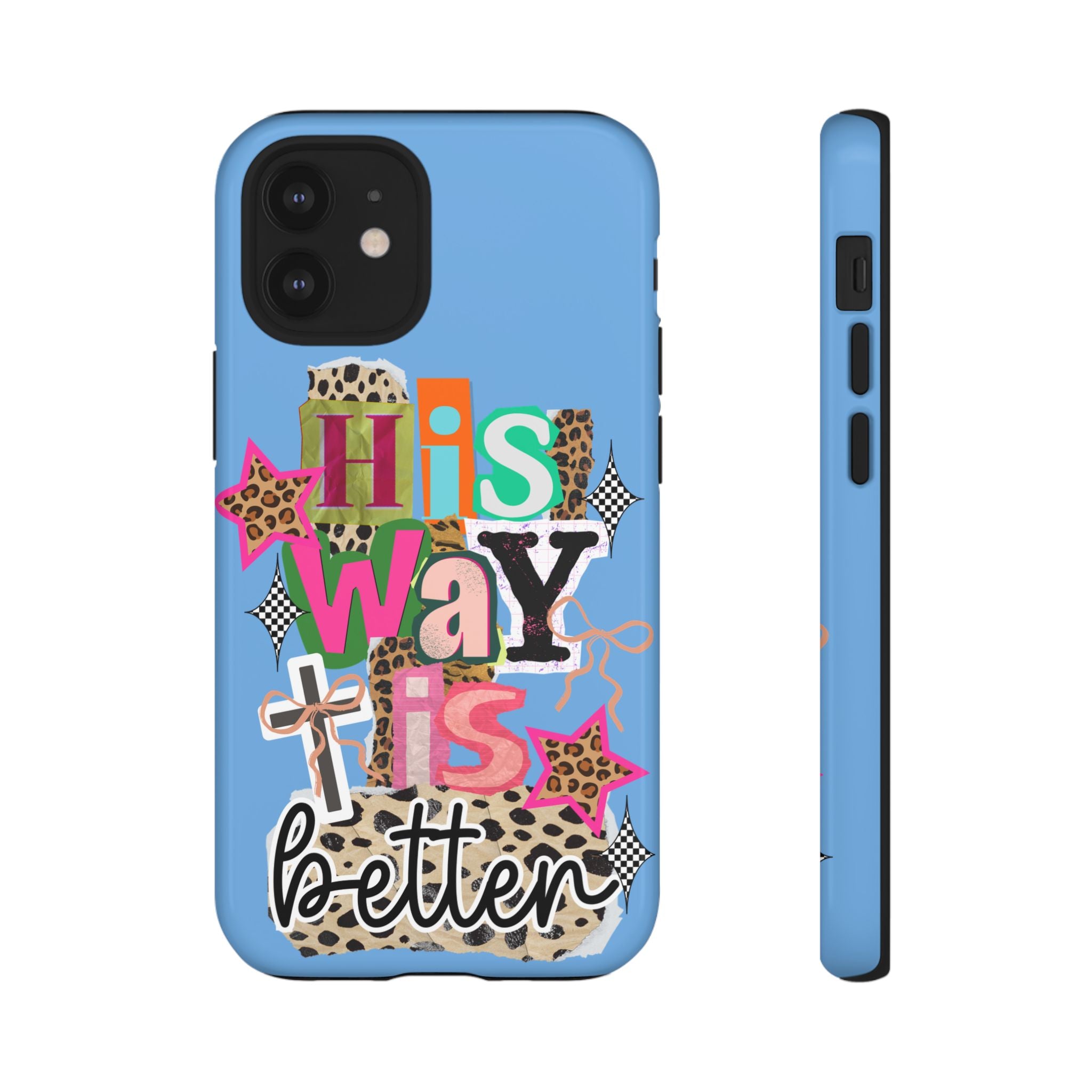 Phone Case — "His Way Is Better" Colorful Christian Cross Design (Leopard & Stars)