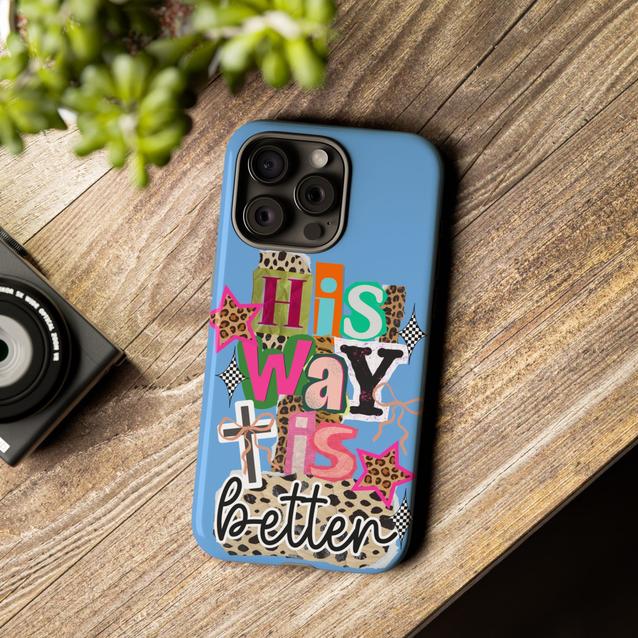 Phone Case — "His Way Is Better" Colorful Christian Cross Design (Leopard & Stars)