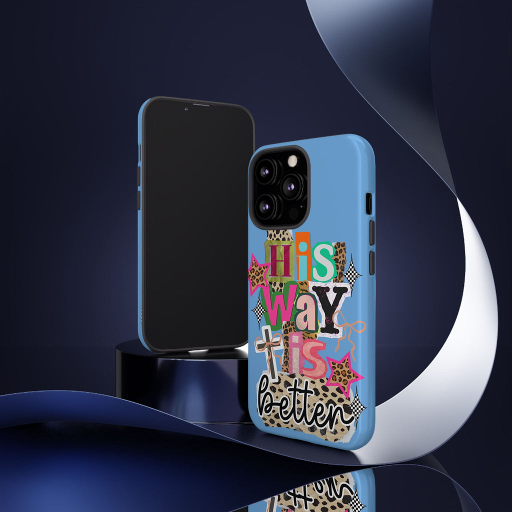 Phone Case — "His Way Is Better" Colorful Christian Cross Design (Leopard & Stars)