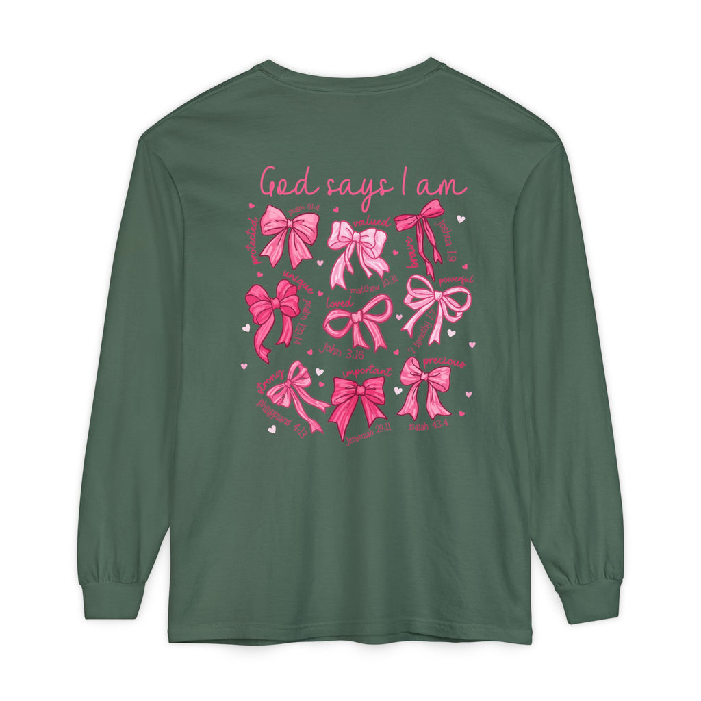 2 sided-Long Sleeve T-Shirt — “God Says I Am” Pink Bows Faith Design