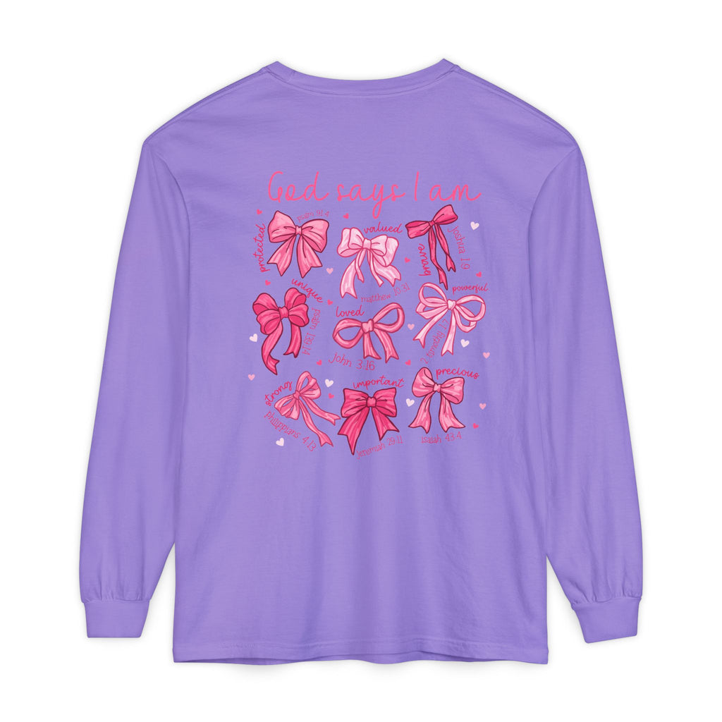 2 sided-Long Sleeve T-Shirt — “God Says I Am” Pink Bows Faith Design