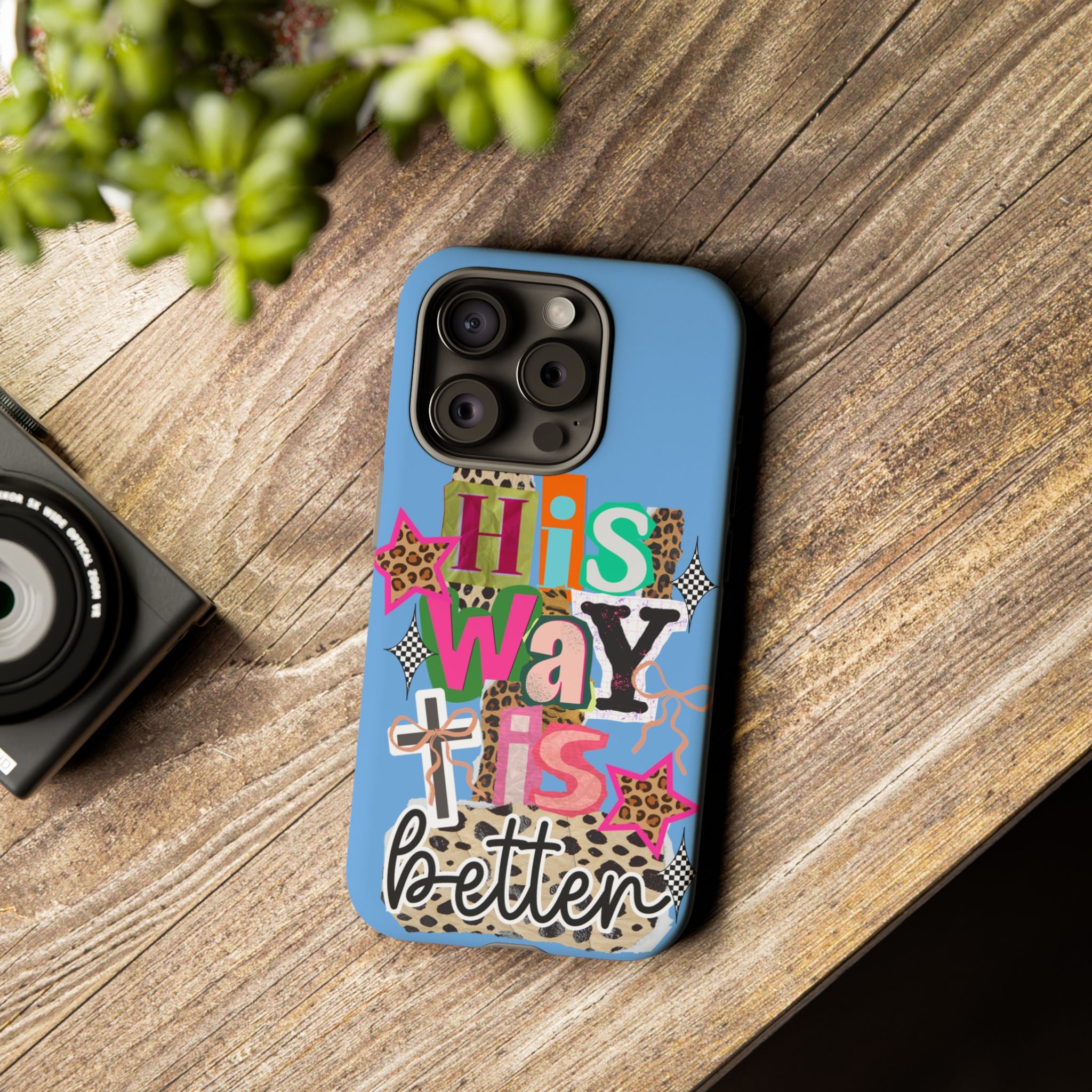 Phone Case — "His Way Is Better" Colorful Christian Cross Design (Leopard & Stars)