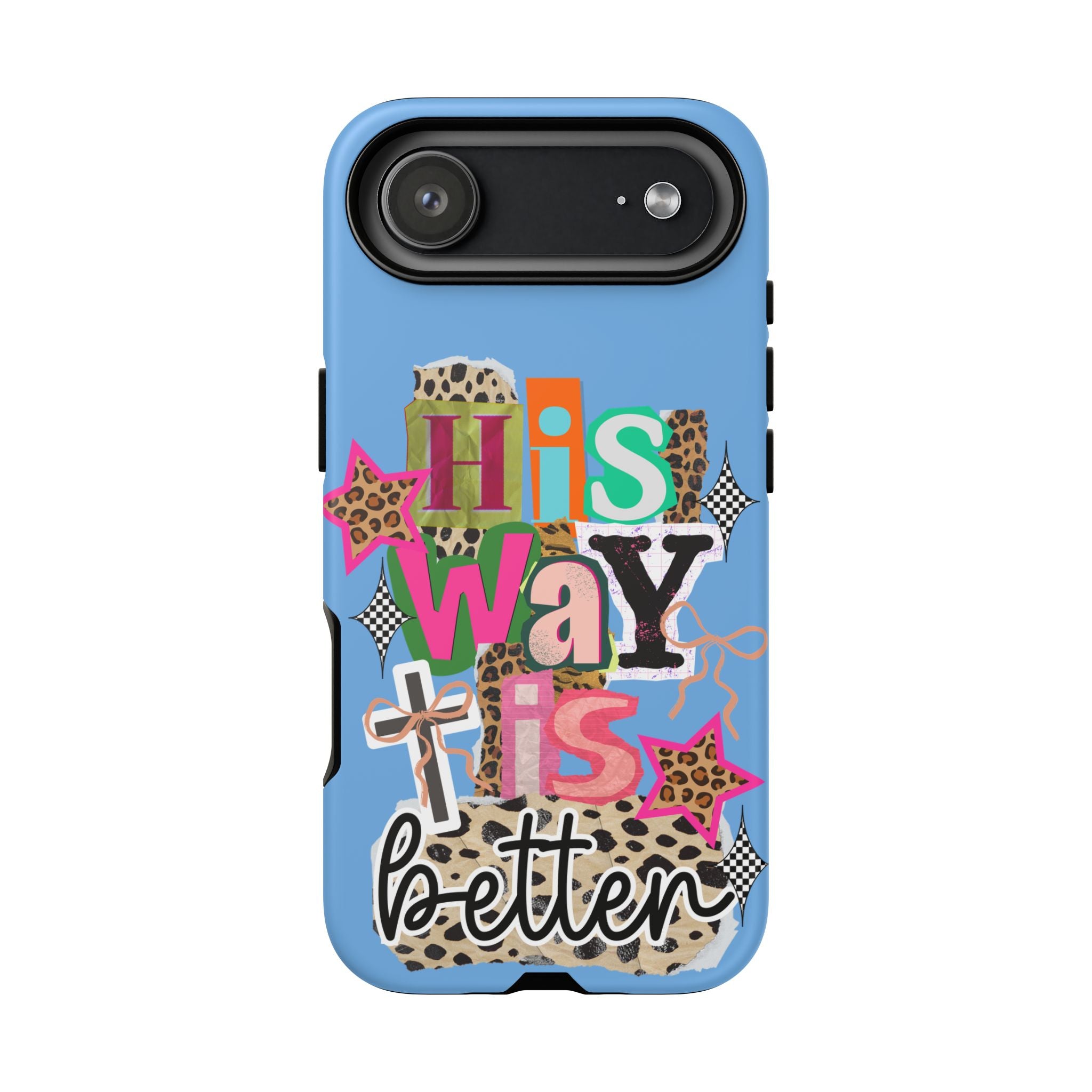 Phone Case — "His Way Is Better" Colorful Christian Cross Design (Leopard & Stars)