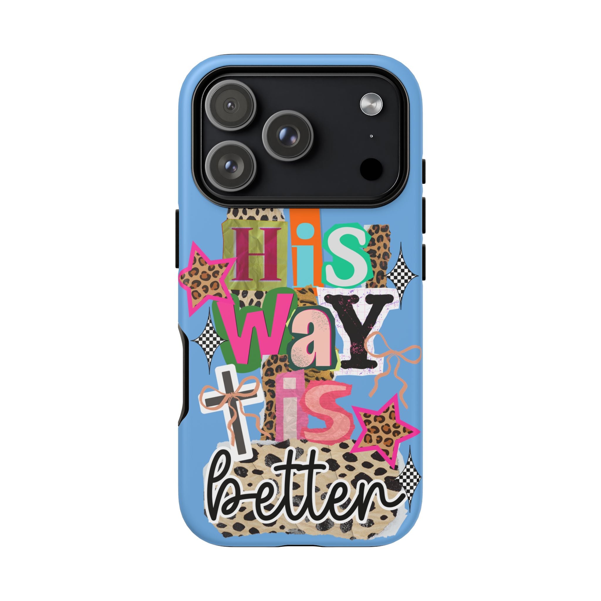 Phone Case — "His Way Is Better" Colorful Christian Cross Design (Leopard & Stars)