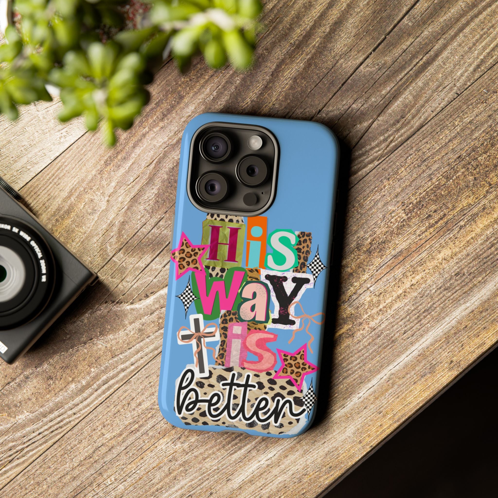 Phone Case — "His Way Is Better" Colorful Christian Cross Design (Leopard & Stars)