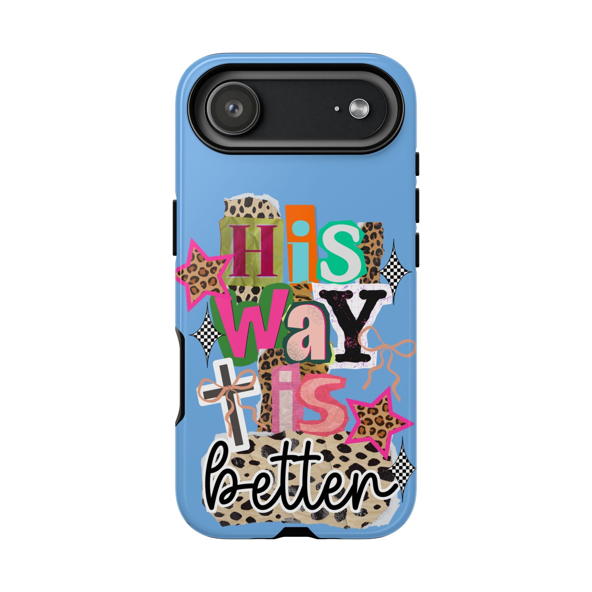 Phone Case — "His Way Is Better" Colorful Christian Cross Design (Leopard & Stars)
