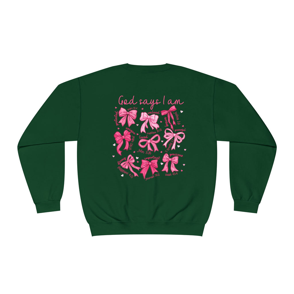 Front and back-Crewneck Sweatshirt — Pink Bow Graphic “God Says I Am” Comfort Pullover