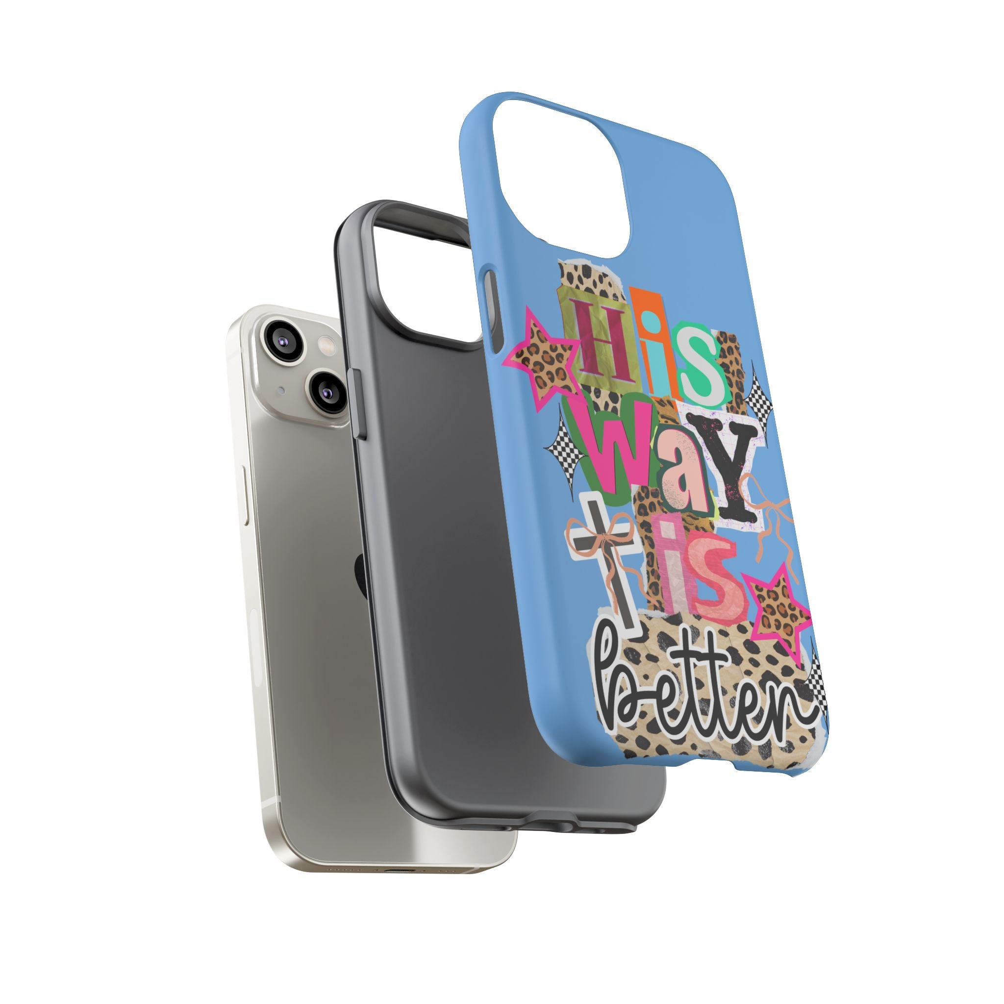 Phone Case — "His Way Is Better" Colorful Christian Cross Design (Leopard & Stars)