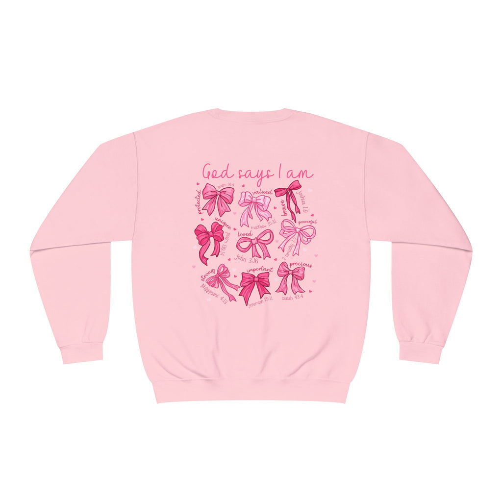 Front and back-Crewneck Sweatshirt — Pink Bow Graphic “God Says I Am” Comfort Pullover
