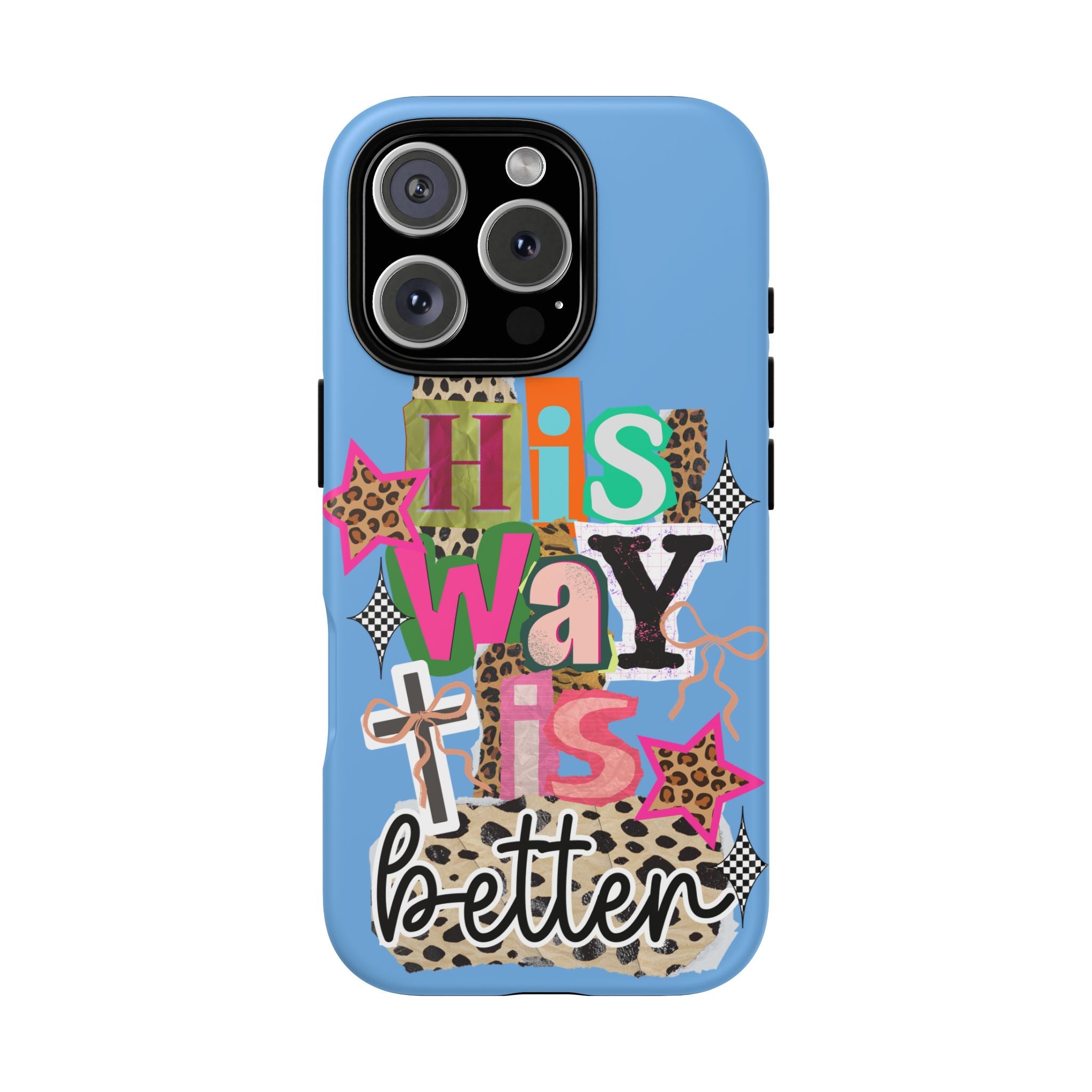 Phone Case — "His Way Is Better" Colorful Christian Cross Design (Leopard & Stars)