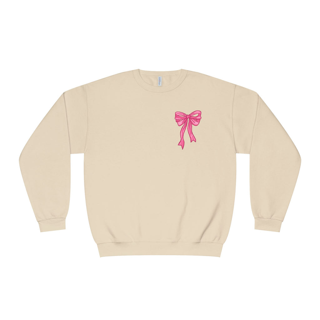 Front and back-Crewneck Sweatshirt — Pink Bow Graphic “God Says I Am” Comfort Pullover