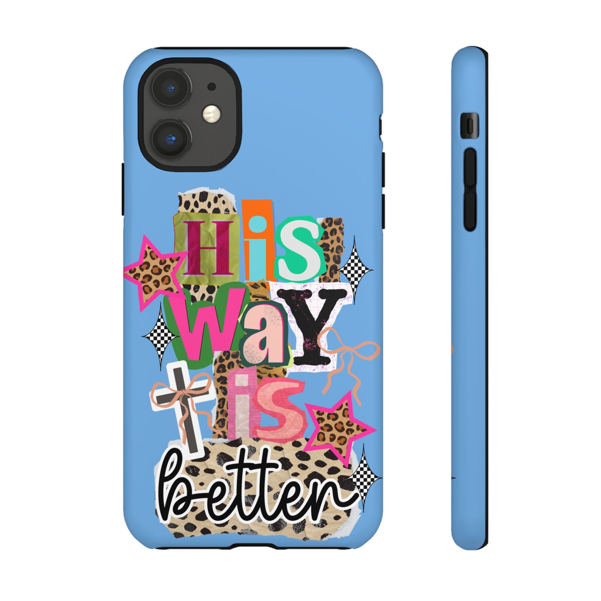 Phone Case — "His Way Is Better" Colorful Christian Cross Design (Leopard & Stars)